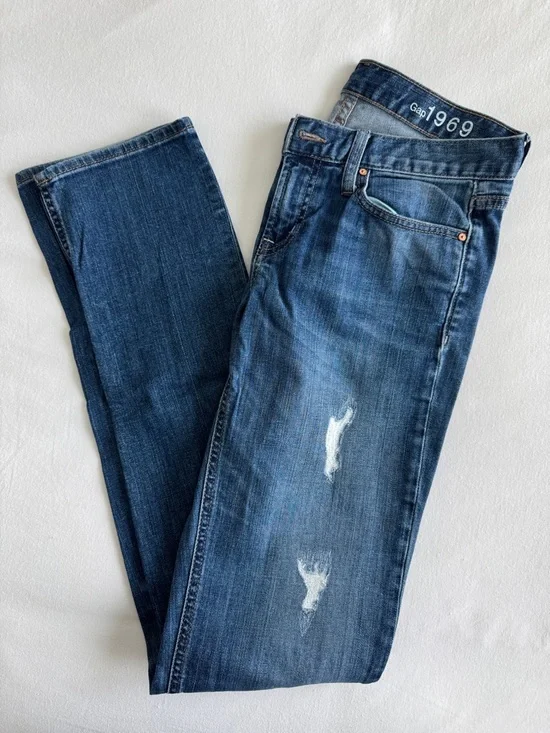 GAP Medium Dark Blue Distressed Straight-Leg Jeans 27 Long - Picture 1 of 9